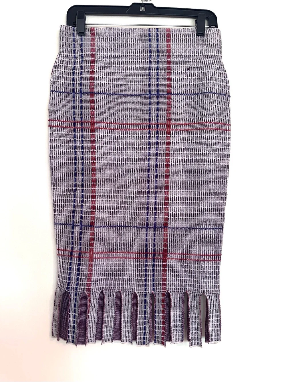 RHIÉ Merino Wool Fringe-Hem Plaid Pencil Skirt in Red Blue and Black Size Medium